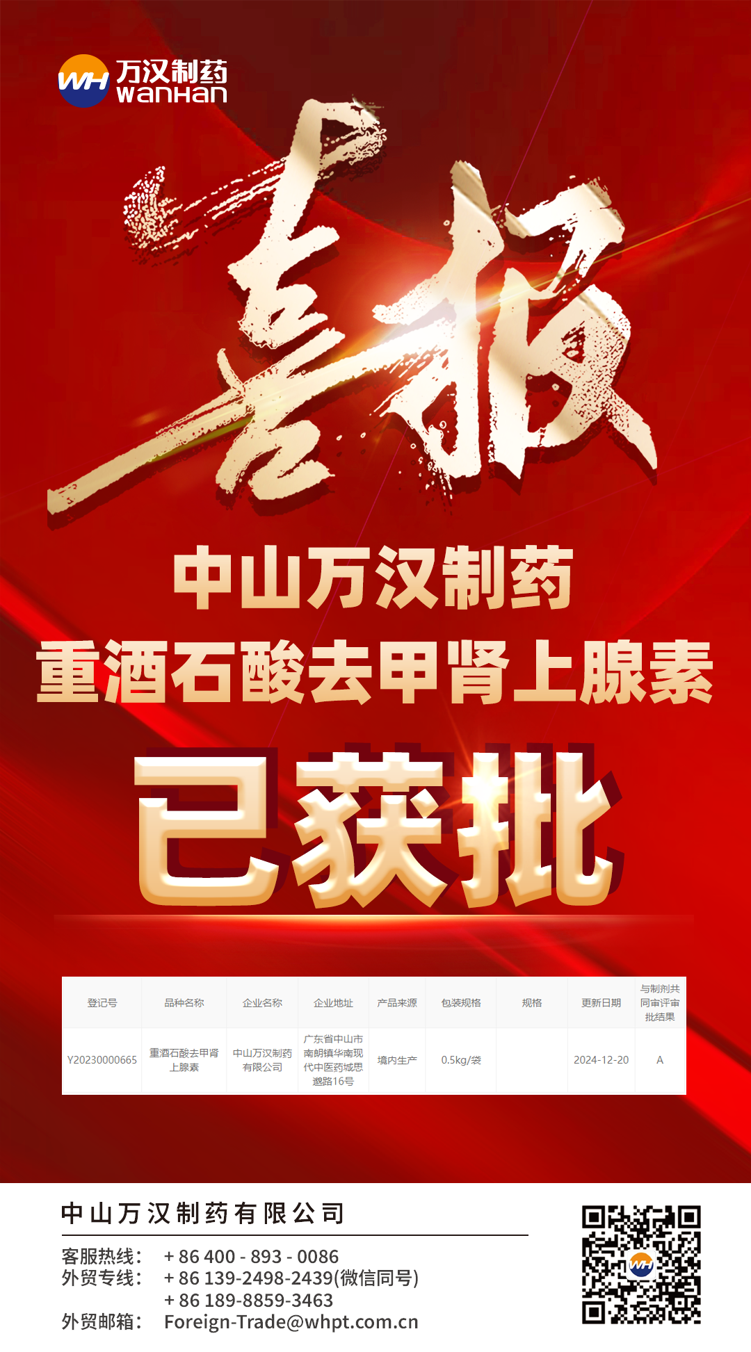 重酒石酸去甲肾上腺素喜报